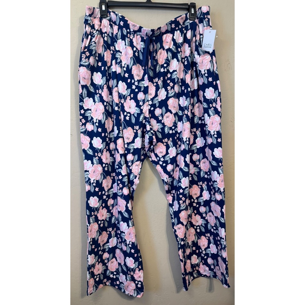 Croft & Barrow Pajama Pants Women 3X Navy Blue Floral Drawstring Pockets NEW